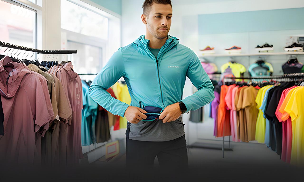 Hardloper die sportkleding aantrekt in een lichte sportwinkel in Epe