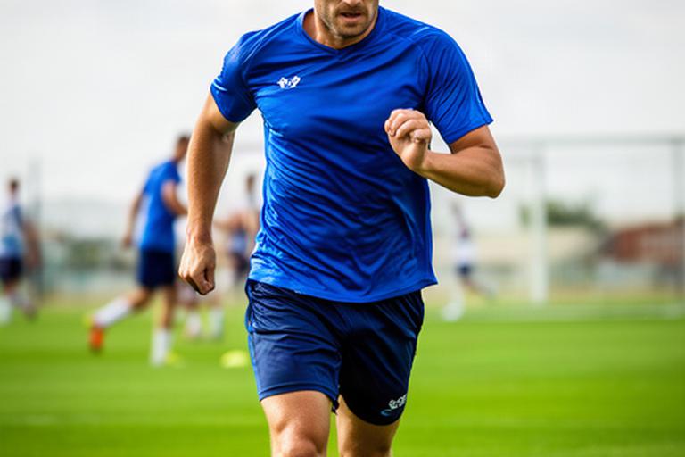 Voetballer in een blauw teamshirt op een groen trainingsveld