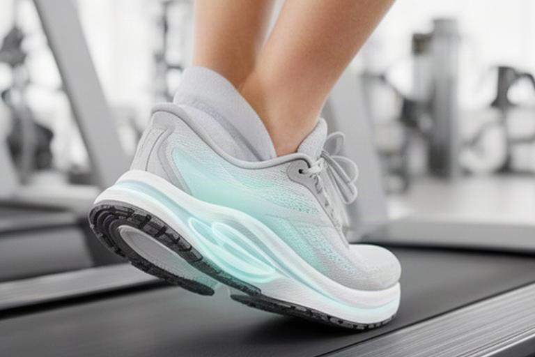 Dempende sportschoen tijdens een rustige loopbandsessie in een fitnessruimte