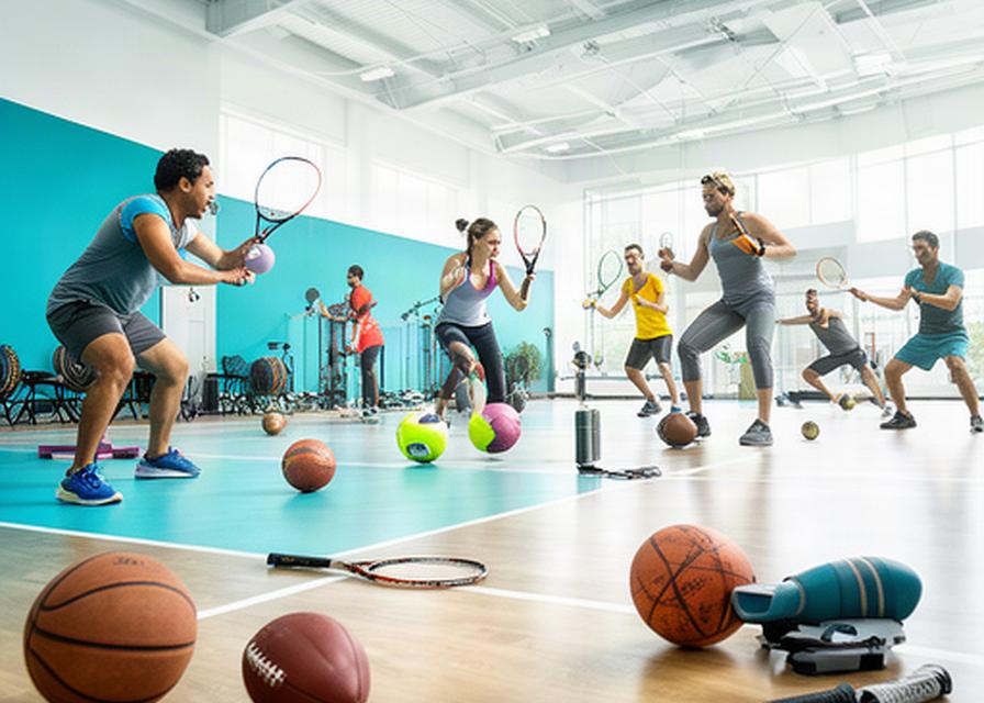 Sporters die trainen met ballen, rackets en fitnessmateriaal in een lichte sportzaal