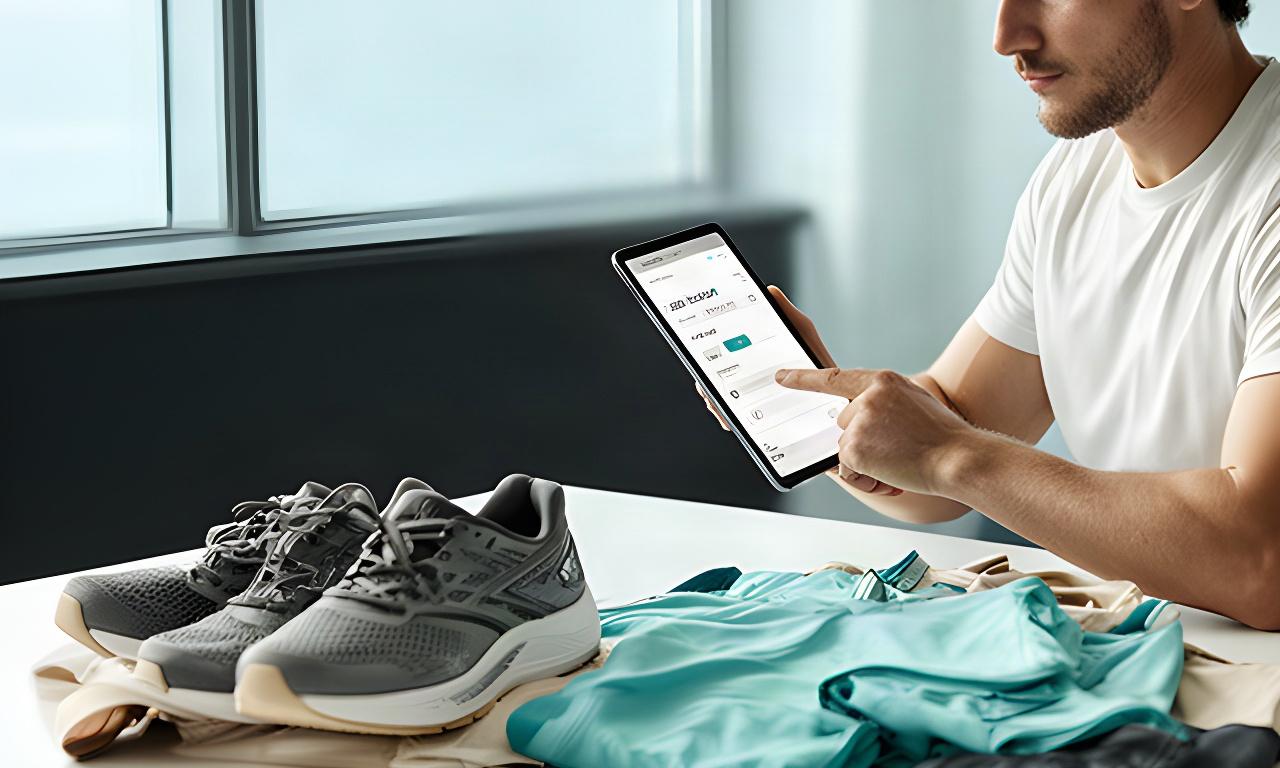 Sporter die privacy-instellingen bekijkt op een tablet naast sportkleding en hardloopschoenen