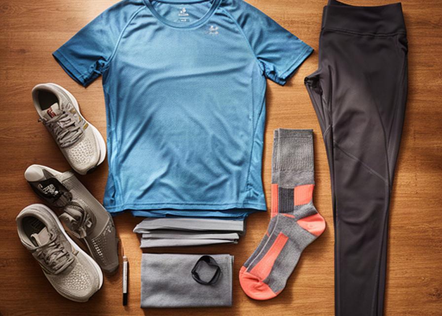 Complete hardloopset met shirt, legging en schoenen op een houten ondergrond